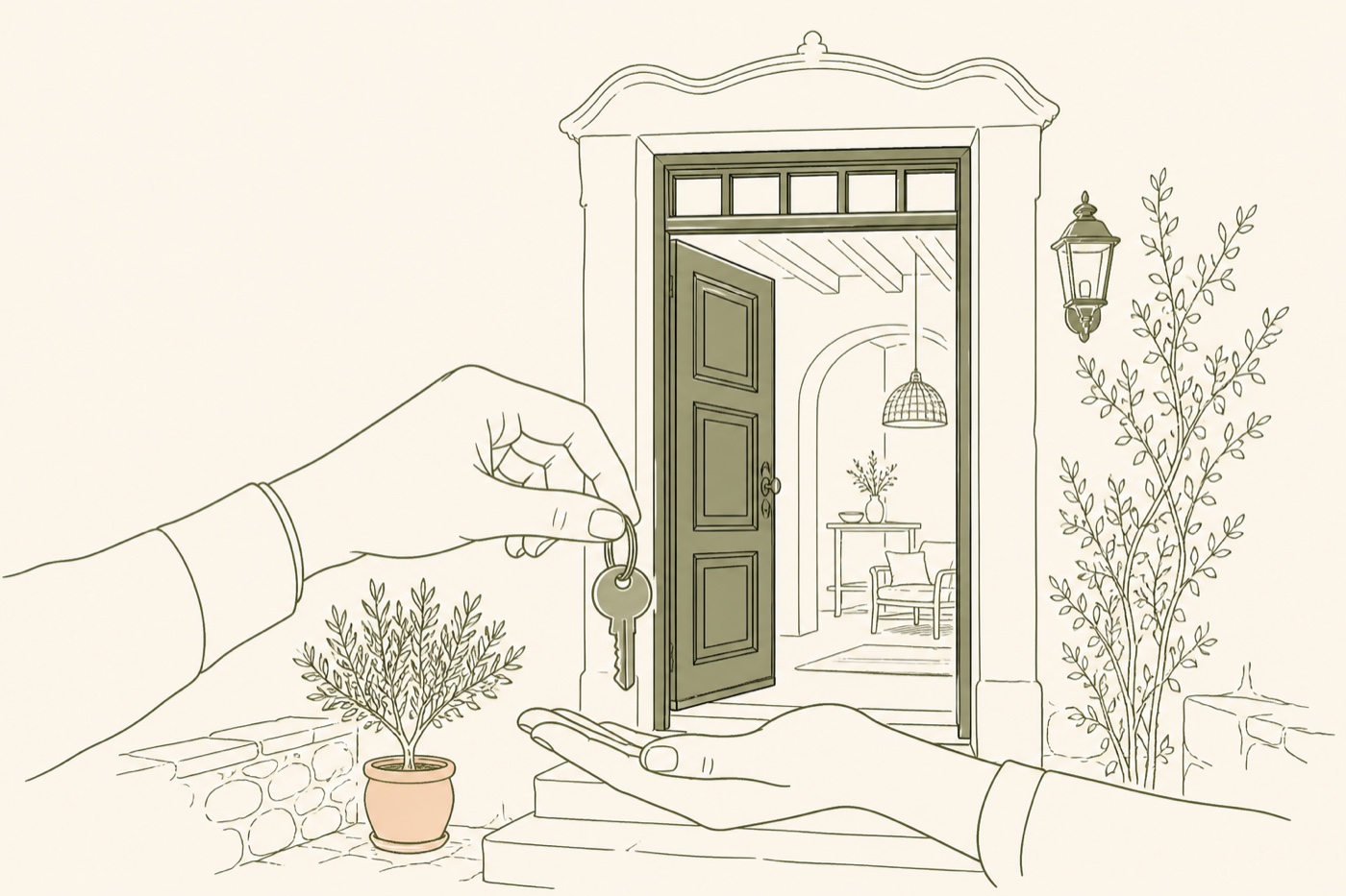 Ilustração em linha de uma entrega de chave à entrada de um alojamento preparado